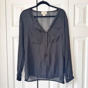 Liberty Love Womens Black Sheer Button Down Long Sleeve V-Neck Blouse Size M